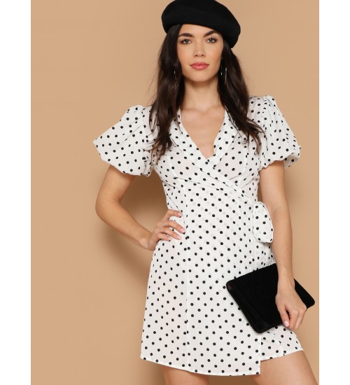 Surplice Wrap Bishop Sleeve Polka Dot Dress