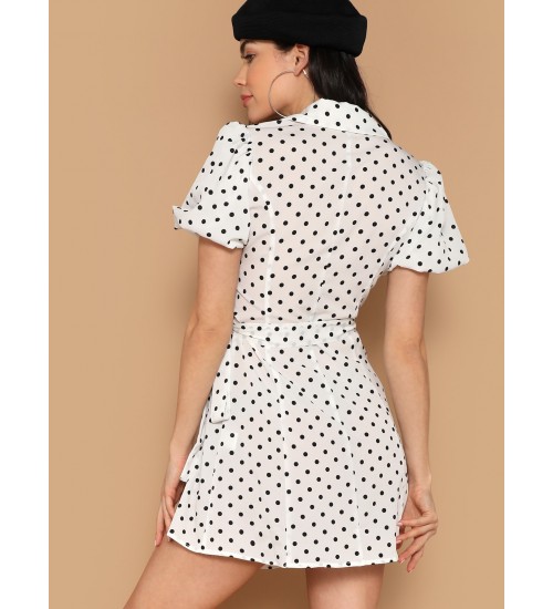 Surplice Wrap Bishop Sleeve Polka Dot Dress