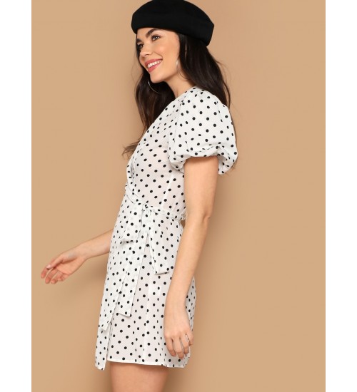 Surplice Wrap Bishop Sleeve Polka Dot Dress