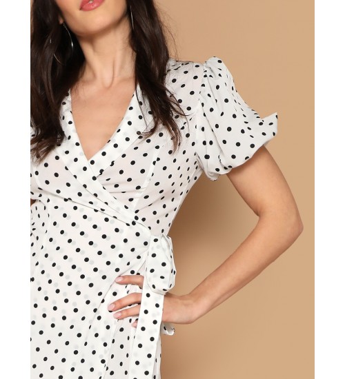 Surplice Wrap Bishop Sleeve Polka Dot Dress