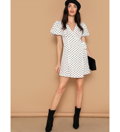 Surplice Wrap Bishop Sleeve Polka Dot Dress