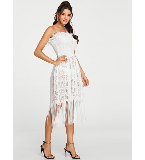 Fringe Hem Sheer Tube Dress