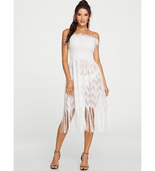 Fringe Hem Sheer Tube Dress