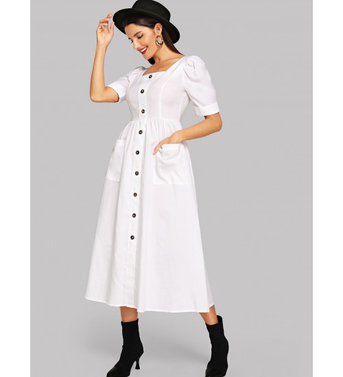 Puff Sleeve Button Up Fit  Flare Dress