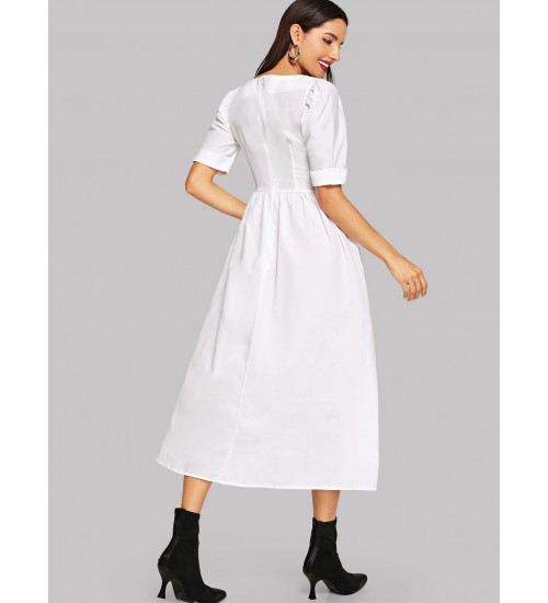 Puff Sleeve Button Up Fit  Flare Dress