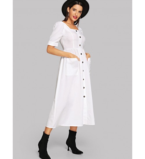 Puff Sleeve Button Up Fit  Flare Dress