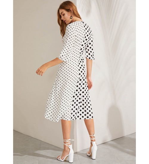 Twist Front V Neck Polka-dot Print Dress