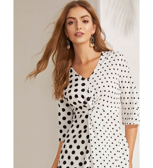 Twist Front V Neck Polka-dot Print Dress