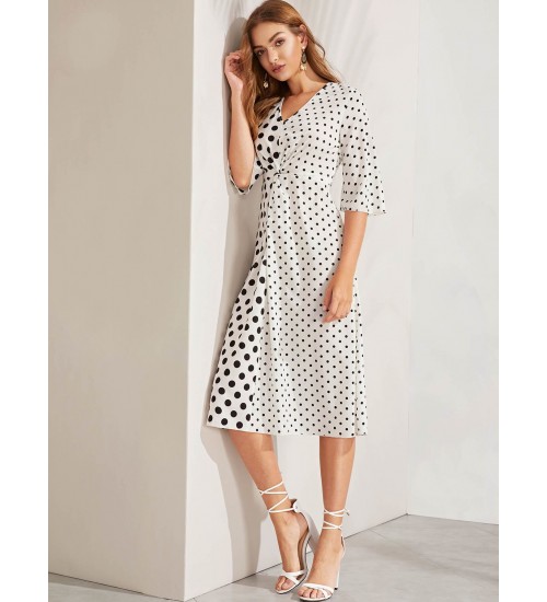 Twist Front V Neck Polka-dot Print Dress