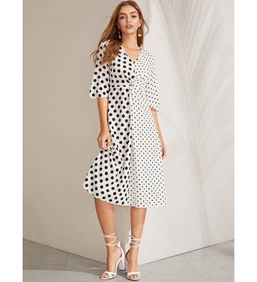 Twist Front V Neck Polka-dot Print Dress