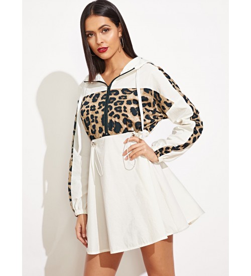 Leopard Panel Drawstring Waist Hooded Windbreaker Dress