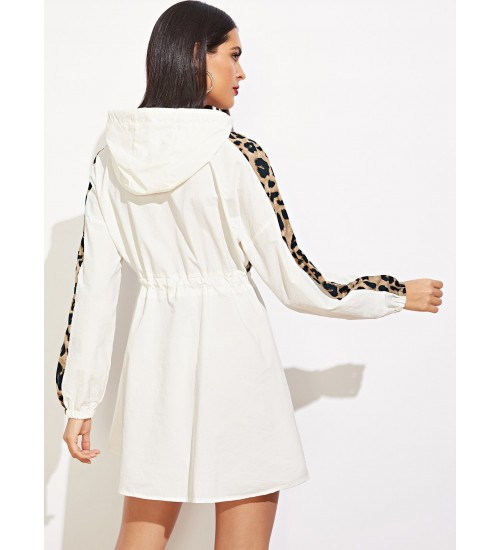 Leopard Panel Drawstring Waist Hooded Windbreaker Dress