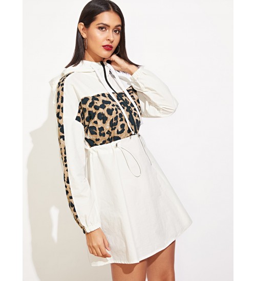 Leopard Panel Drawstring Waist Hooded Windbreaker Dress