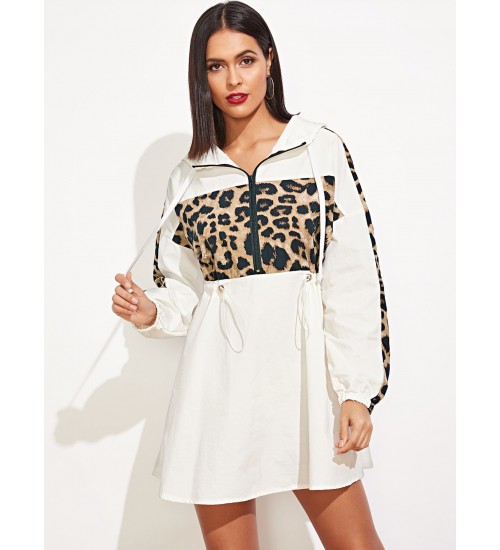 Leopard Panel Drawstring Waist Hooded Windbreaker Dress