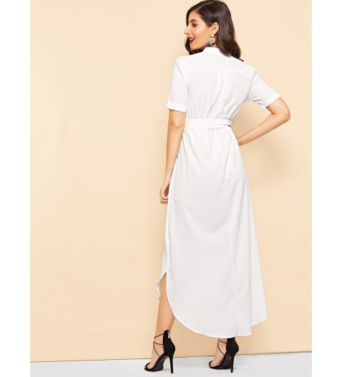 Waist Tie Curved Hem Split-side Dress