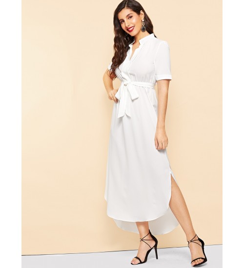 Waist Tie Curved Hem Split-side Dress