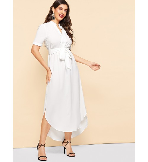 Waist Tie Curved Hem Split-side Dress