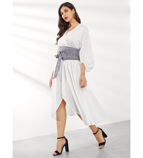 Tie Waist Surplice Wrap Asymmetrical Dress