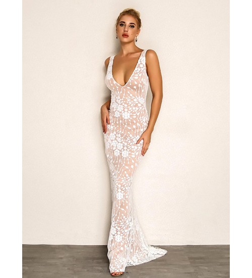 Joyfunear Plunging Neck Embroidered Mesh Overlay Dress