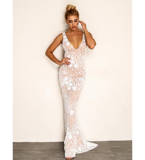 Joyfunear Plunging Neck Embroidered Mesh Overlay Dress