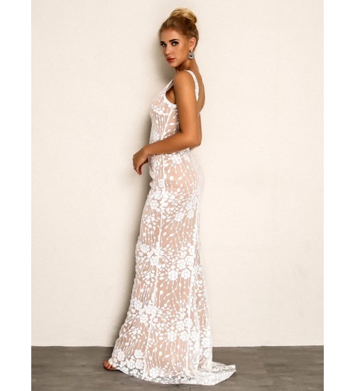 Joyfunear Plunging Neck Embroidered Mesh Overlay Dress