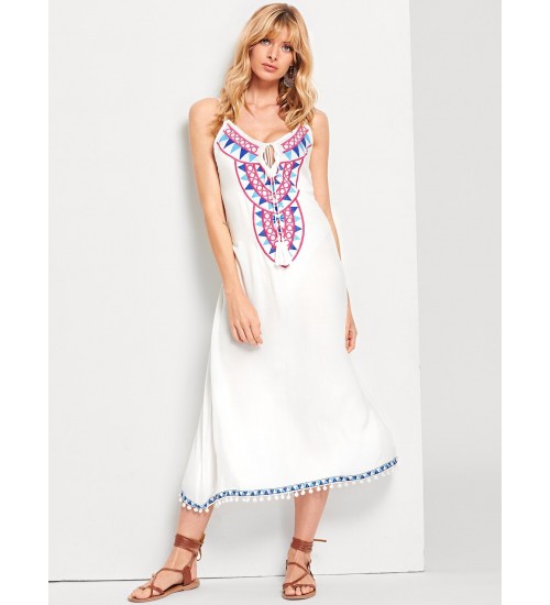 Embroidered Tassel Detail Cami Dress