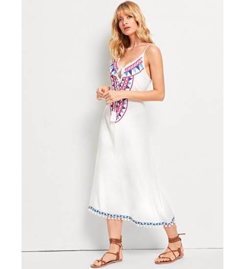 Embroidered Tassel Detail Cami Dress