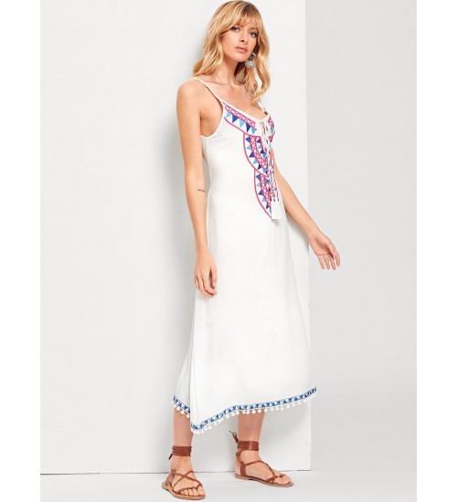 Embroidered Tassel Detail Cami Dress