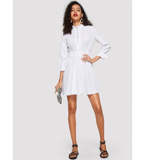 Frilled Neckline Half Placket Shirred Waist Dress