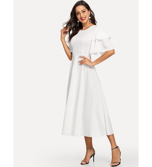 Layered Flutter Sleeve Fit and Flare Dress