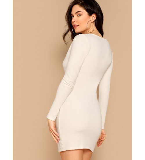 Surplice Neck Terry Knit Long Sleeve Mini Dress