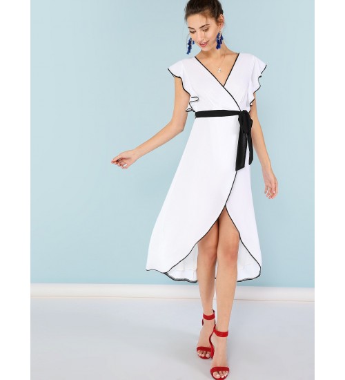 Surplice Wrap Dress with Color Contrast