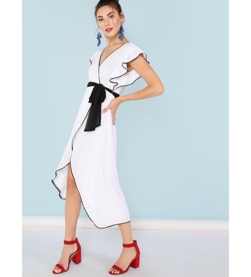 Surplice Wrap Dress with Color Contrast