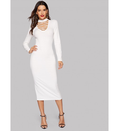 Crisscross Mock-neck Slit Back Form Fitting Dress