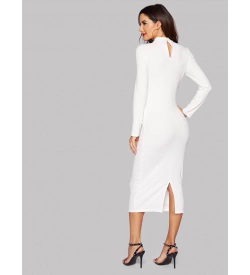 Crisscross Mock-neck Slit Back Form Fitting Dress