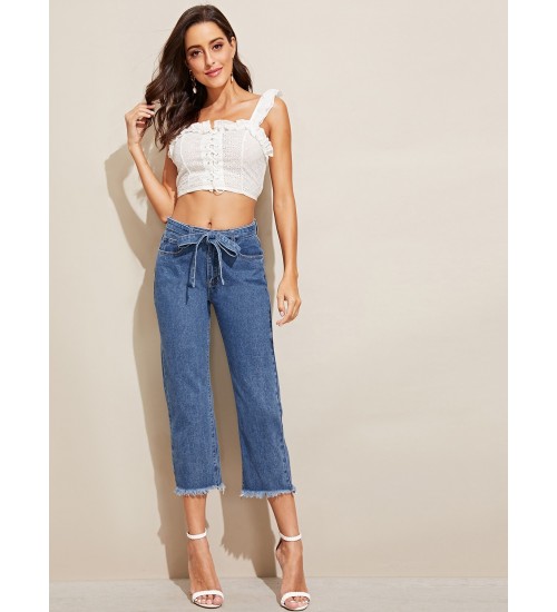 Raw Hem 5-Pocket Belted Crop Jeans