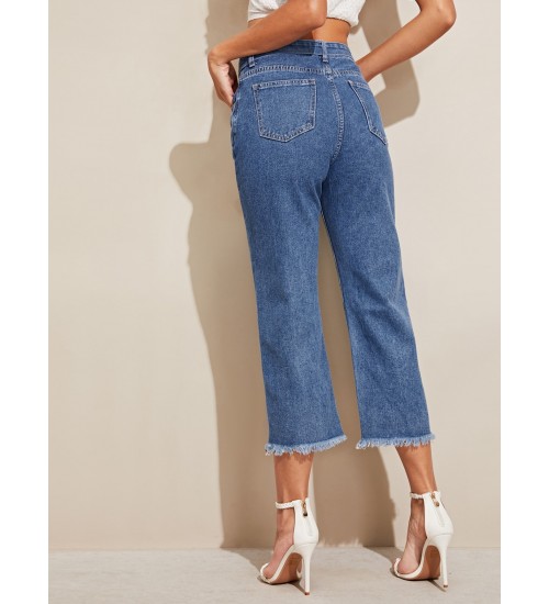 Raw Hem 5-Pocket Belted Crop Jeans