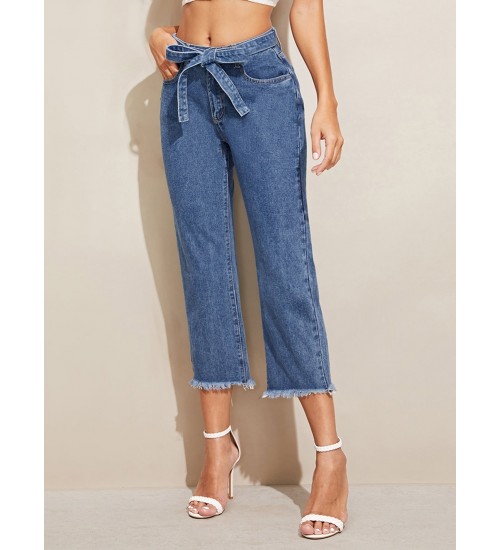 Raw Hem 5-Pocket Belted Crop Jeans