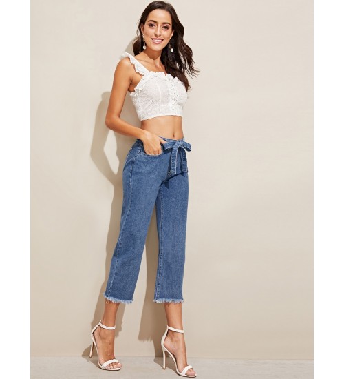 Raw Hem 5-Pocket Belted Crop Jeans