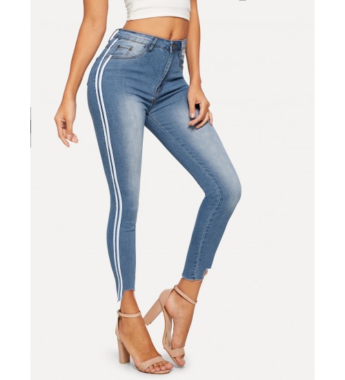 Tuxedo Stripe Side Raw Hem Skinny Jeans