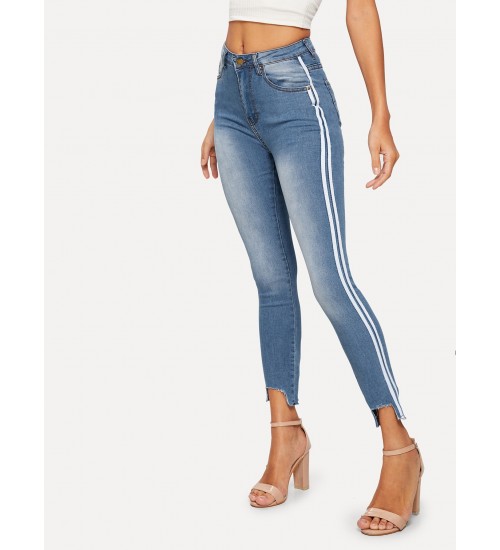 Tuxedo Stripe Side Raw Hem Skinny Jeans