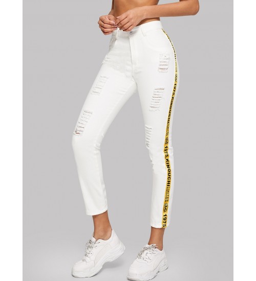 Letter Side Ripped Jeggings