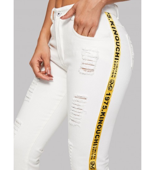 Letter Side Ripped Jeggings