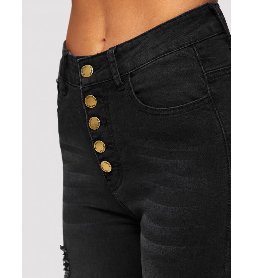 Raw Hem Ripped Buttoned Jeans