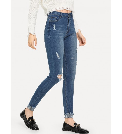 Ripped Raw Hem Faded Wash Jeans