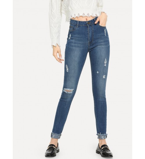 Ripped Raw Hem Faded Wash Jeans