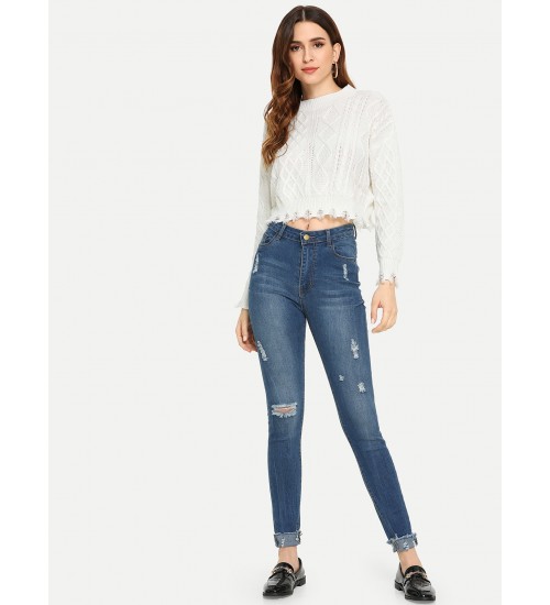 Ripped Raw Hem Faded Wash Jeans