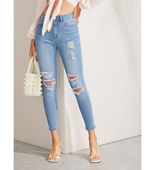 Ripped Detail Bleach Wash Skinny Jeans