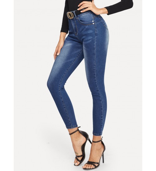 Bleach Wash Skinny Jeans Without Belted