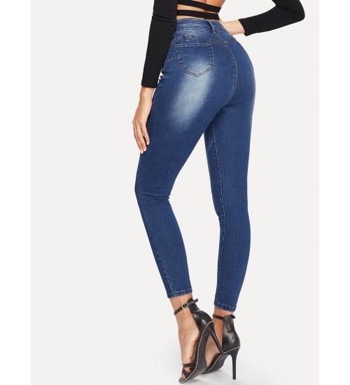 Bleach Wash Skinny Jeans Without Belted